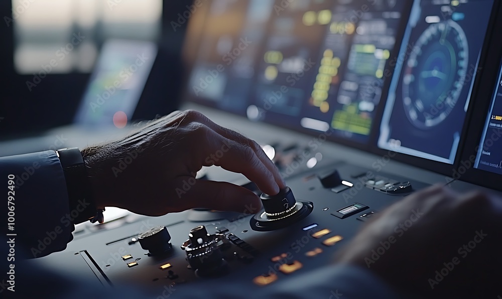 Poster engineer adjusting dial on control panel amidst energy stats