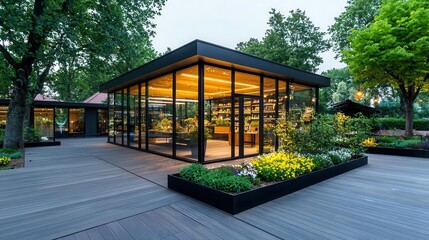 Eco-friendly luxury minimart with natural wood, glass panels, and rooftop garden, Minimart, Eco-Luxury