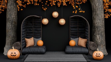 Cozy autumn seating area with pumpkins and decorative lights.