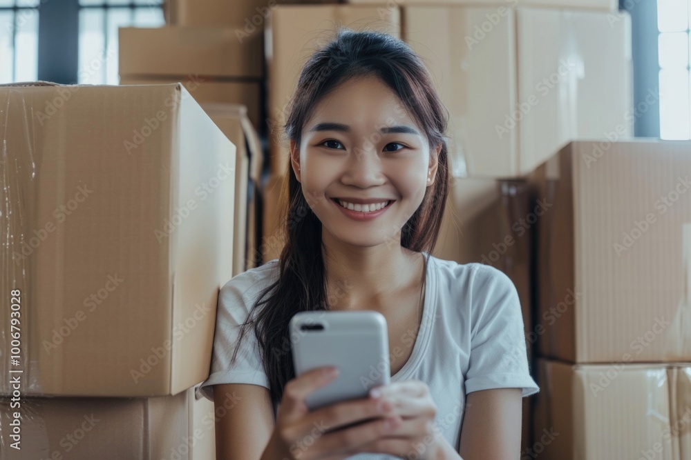 Poster a person holds a phone in front of stacked containers, possibly looking for information or taking a 
