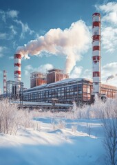 Obraz premium A large industrial power plant with red-striped smokestacks emits smoke, surrounded by snowy landscape and blue sky.