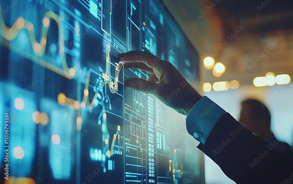 Poster engineer operating touchscreen in energy control center