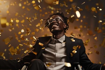 A businessman celebrates his achievement with colorful confetti, giving a sense of joy and accomplishment