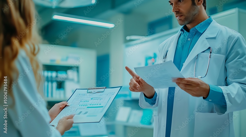 Poster senior engineer pointing at diagram with junior taking notes