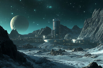 A futuristic city stands on a distant moon under a starry night sky.