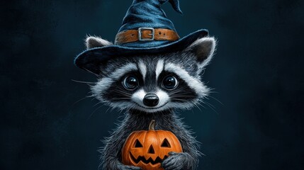 Cute raccoon wearing a witch hat, holding a pumpkin, on a dark background.