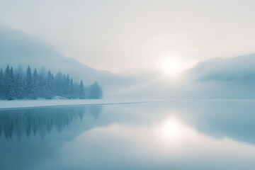 Fototapeta premium A minimalistic winter background featuring soft hues, snow-covered landscapes, and subtle details that capture the essence of winter's calm