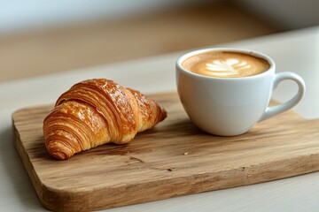 A cup of coffee with a croissant on a wooden board