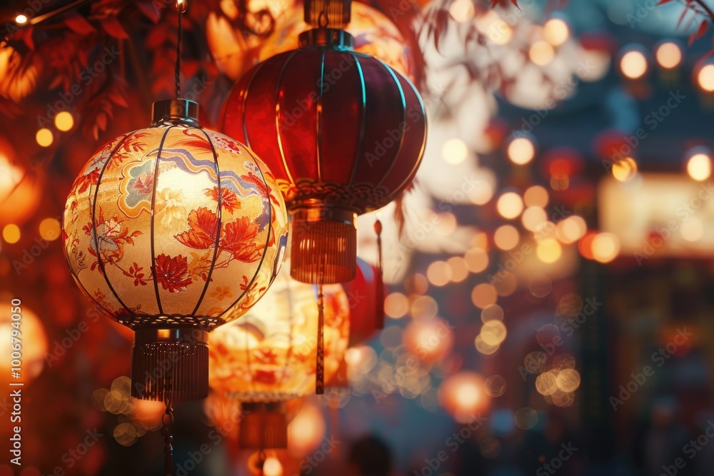 Poster a cluster of lanterns suspended from a tree branch, ready for nightfall