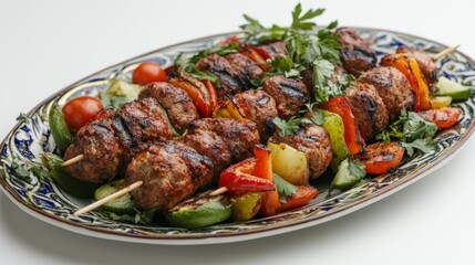 Fototapeta premium An artistic arrangement of kebabs served on a traditional plate, garnished with fresh vegetables and herbs, showcasing the colorful presentation of this beloved dish.