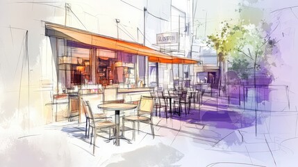 Urban Sketch of Vibrant Street Cafe with Cinematic Lighting and Minimalist Abstraction on Pastel Background