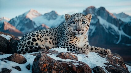 Fototapeta premium Close up portrait of a majestic snow leopard laying in a mountain with a scenic blurry peaks in the back. Animal mammal wildcat photography illustration. Panthera uncia.