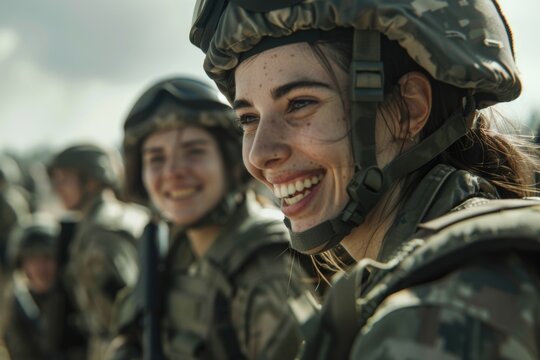 Group of women in military uniforms standing together, possibly during a ceremony or parade