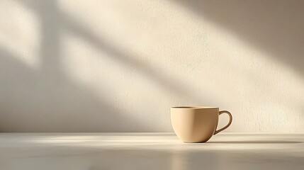 A beige coffee mug sits on a white table against a white wall, bathed in soft sunlight. The warm tones create a calming and inviting atmosphere.