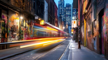 Vibrant City Alley at Night with Blurred Motion Traffic and Skyscrapers