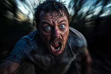 Close-up of a terrified man with a shocked expression