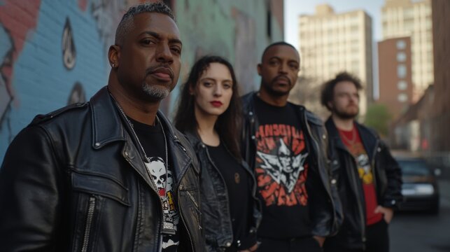 A group of heavy metal enthusiasts stands confidently against a textured city wall, dressed in band shirts and leather jackets, radiating energy and musical devotion