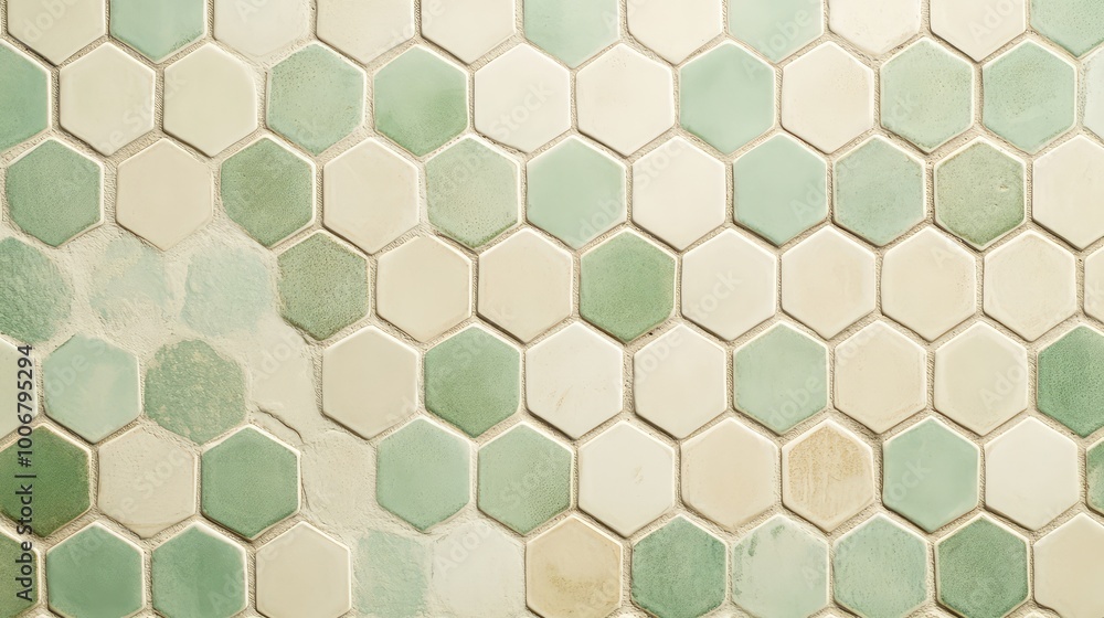 Aufkleber tiny hexagons in alternating shades of soft green and beige, forming a subtle, elegant tile pattern.