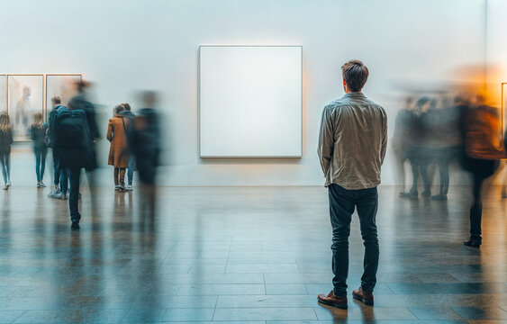 Homme de dos debout devant une toile blanche dans un mus&eacute;e