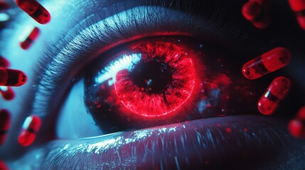 A striking red eye surrounded by floating capsules creates an intense and futuristic digital art vision.
