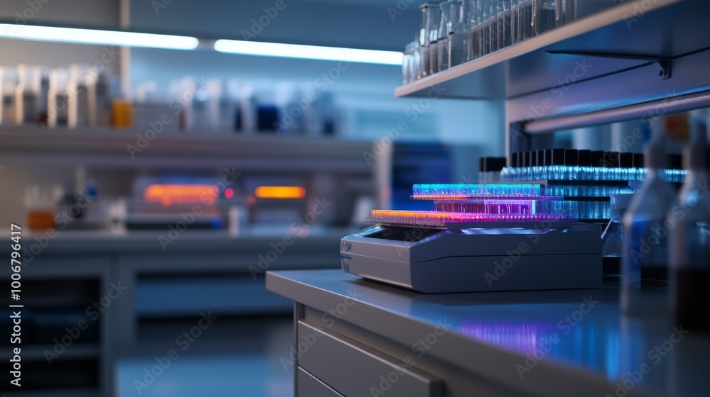 Poster a state-of-the-art dna sequencing machine with illuminated screens displays dynamic data streams in 