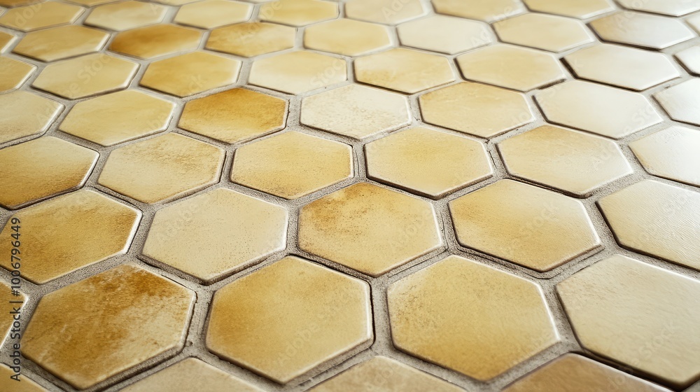 Poster tiny hexagons in soft gold and cream arranged in a delicate, geometric pattern across the surface of