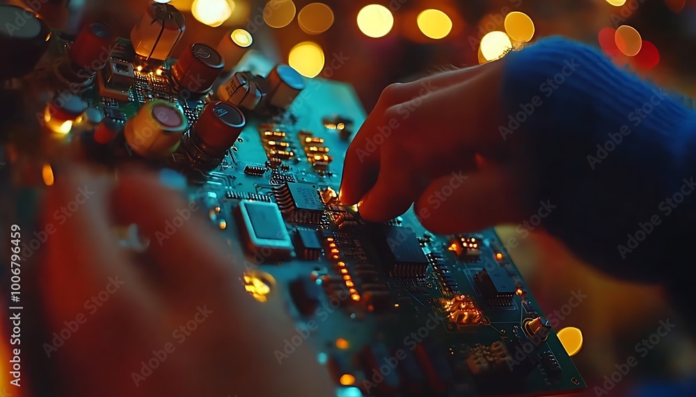 Poster senior engineer adjusting circuit board with junior observing