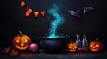 Halloween scene with a bubbling cauldron, pumpkins, and festive decorations.