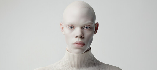 A bald albino man wearing a white turtleneck with a neutral expression on his face looking straight ahead at the camera