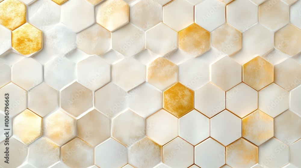 Poster tiny hexagons in soft gold and cream arranged in a delicate, geometric pattern across the surface of
