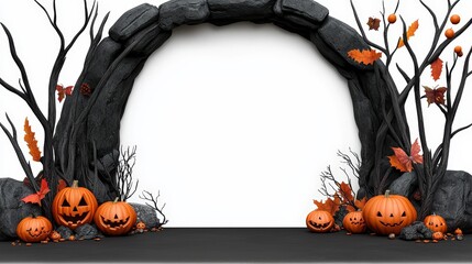 Halloween themed arch with pumpkins and autumn leaves, white isolated background.