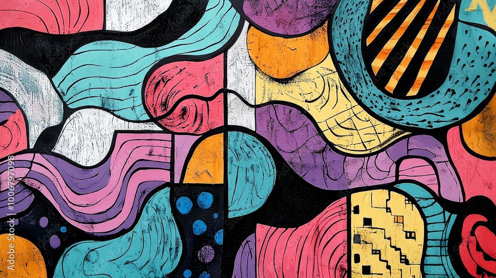 Poster vivid geometric abstract art featuring diverse shapes and flowing patterns, capturing creativity and