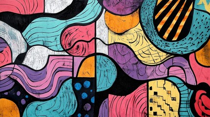 Obraz premium Vivid geometric abstract art featuring diverse shapes and flowing patterns, capturing creativity and artistic expression.