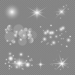 White light effect, shining stars on transparent background in vector format