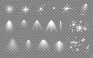 White light effect, spotlights, flashing stars on transparent background in vector format