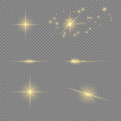 Yellow light effect, golden stars on transparent background in vector format