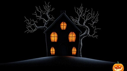 Haunted house with glowing windows on a dark, spooky night.