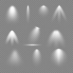 Realistic light on transparent background, white light effect, spotlight, vector illustration