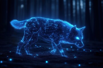 The Luminous Wolf: A mesmerizing digital art piece depicting a wolf in a forest, rendered in an ethereal glow of blue light. The wolf's outline is made up of countless tiny lights.