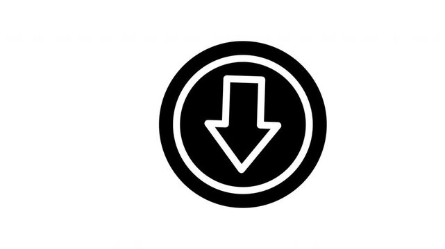 Download with black outline, pointing down yellow and blue arrow. Suitable for concepts like decrease, decline, negative trends.
