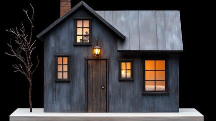 Miniature wooden house model with warm lighted windows, black isolated background
