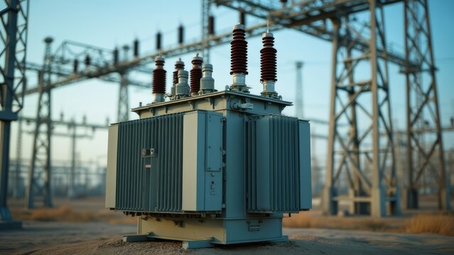 A transformer at an electrical substation. Transmission of electricity.