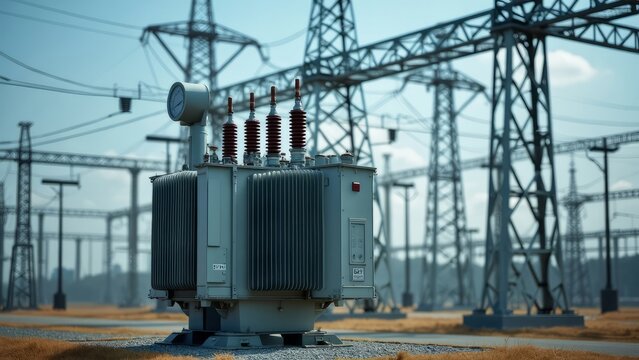 A transformer at an electrical substation. Transmission of electricity.
