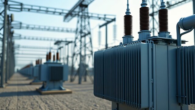 A transformer at an electrical substation. Transmission of electricity.