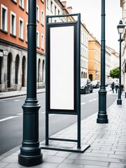 A blank advertisement board on a city street, surrounded by buildings and street lamps.