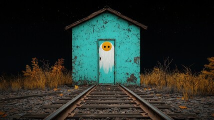 Obraz premium Old teal house with a ghostly door, surrounded by dry grass and railway tracks.