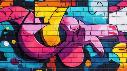 A lively street art mural featuring a riot of colors and abstract shapes, expressing raw urban...