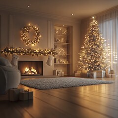 Cozy holiday living room with a beautifully decorated Christmas tree, warm fireplace, and festive ambiance for winter celebrations.