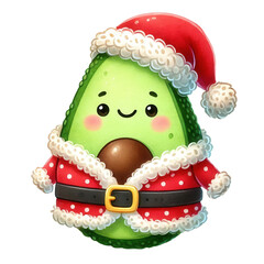Adorable avocado dressed as Santa Claus, featuring a fluffy red suit, belt, and hat, spreading festive holiday cheer.