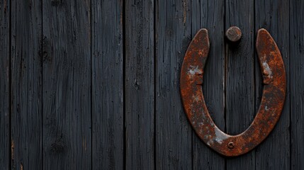 Rusty horseshoe on dark wooden wall, symbol of luck and tradition, isolated background.